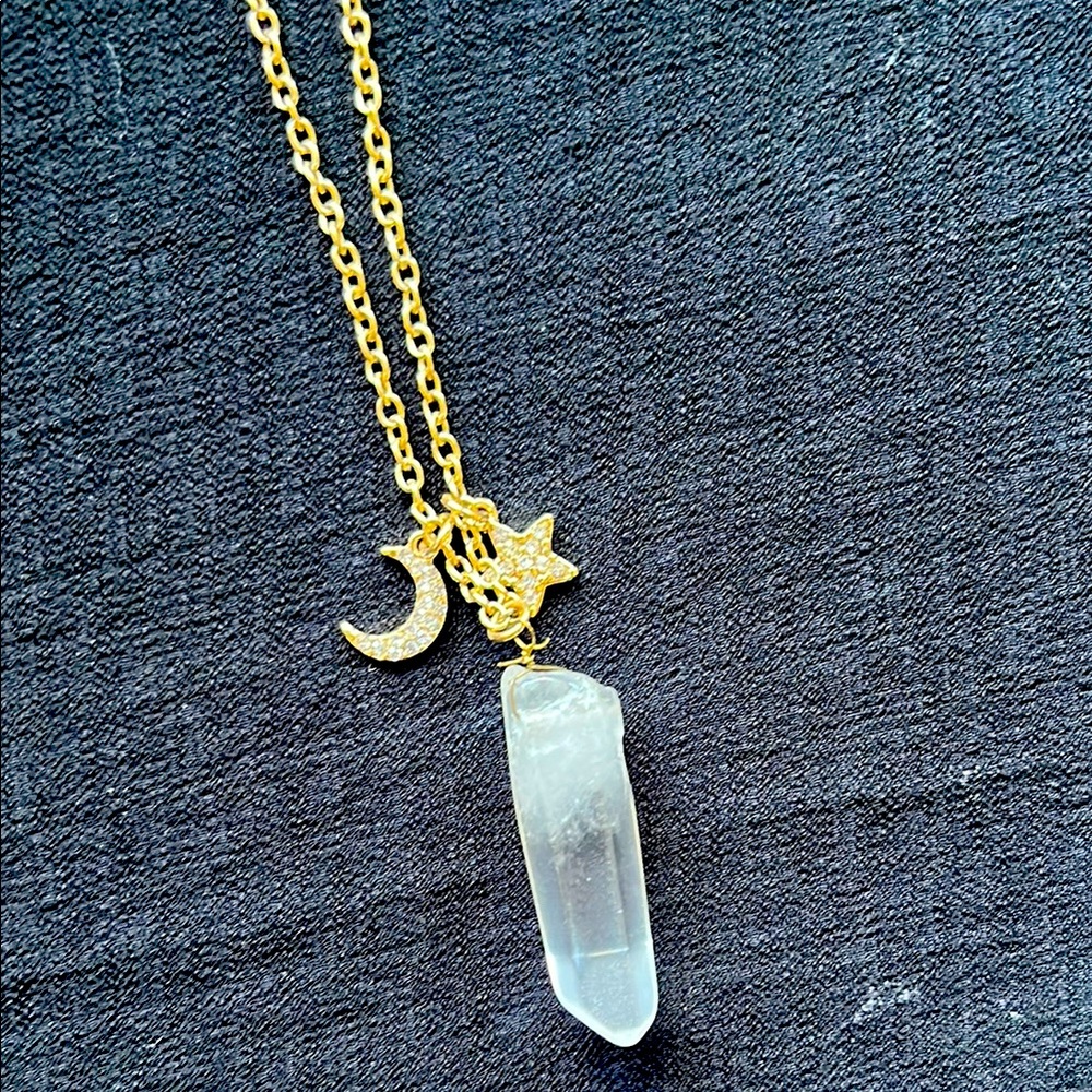 Gold Moon & Star Crystal Pendant Necklace - White Crystal